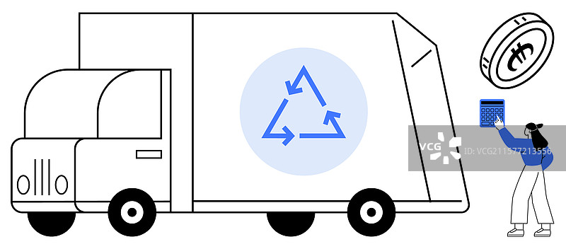 带有环保标志和人的垃圾回收车图片素材
