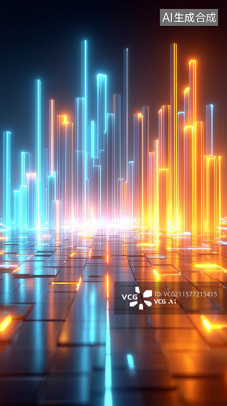 【AI数字艺术】霓虹灯柱构成的未来科技通道图片素材