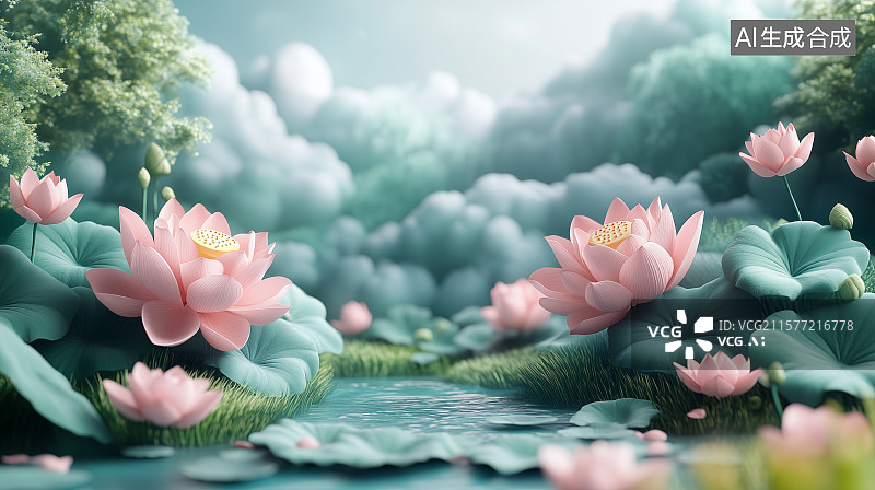 【AI数字艺术】梦幻般的莲花池景图片素材