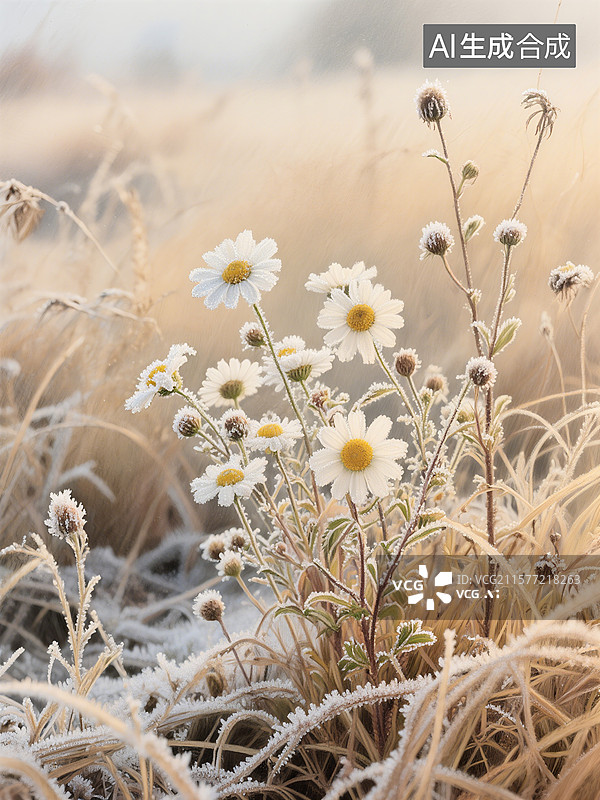 【AI数字艺术】阳光下，白色雏菊与干草被霜覆盖，展现出宁静而美丽的自然景象图片素材