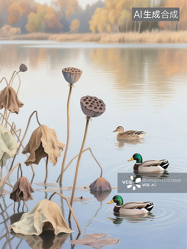【AI数字艺术】湖面上三只鸭子悠闲游动，周围是枯萎的荷叶和远处的树木倒影图片素材