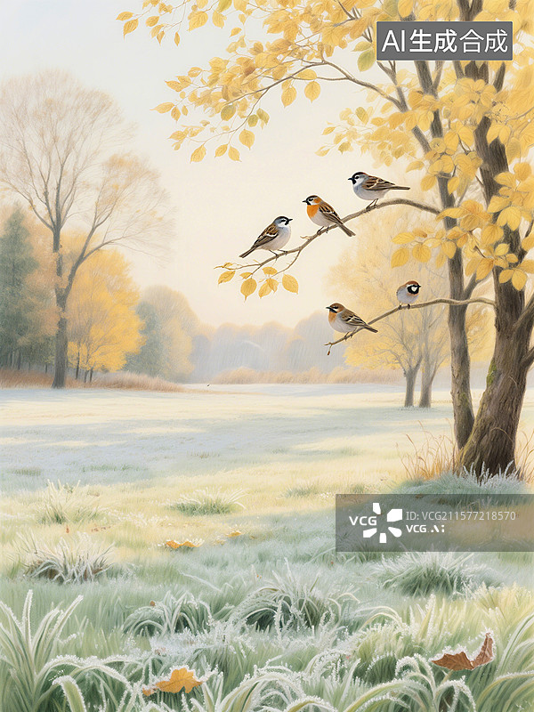 【AI数字艺术】几只鸟儿停在树枝上，背景是秋天的树木和草地上的霜花图片素材