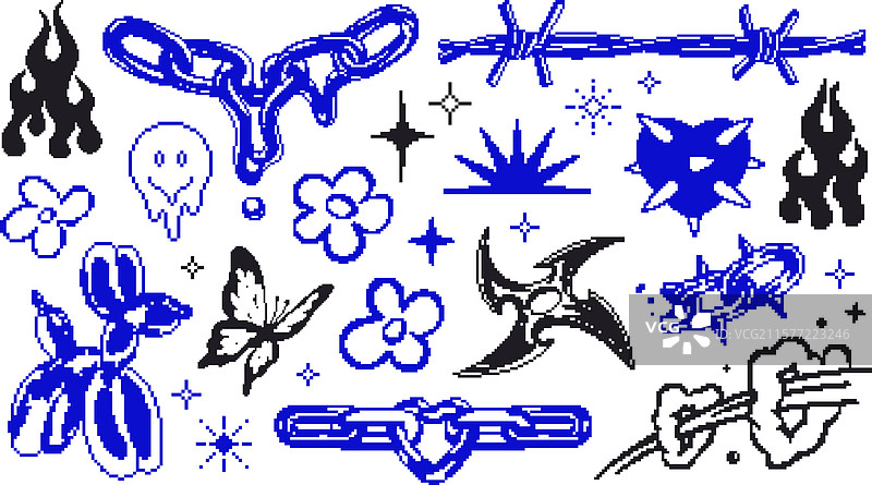 灰色背景上的抽象像素艺术符号和形状图片素材