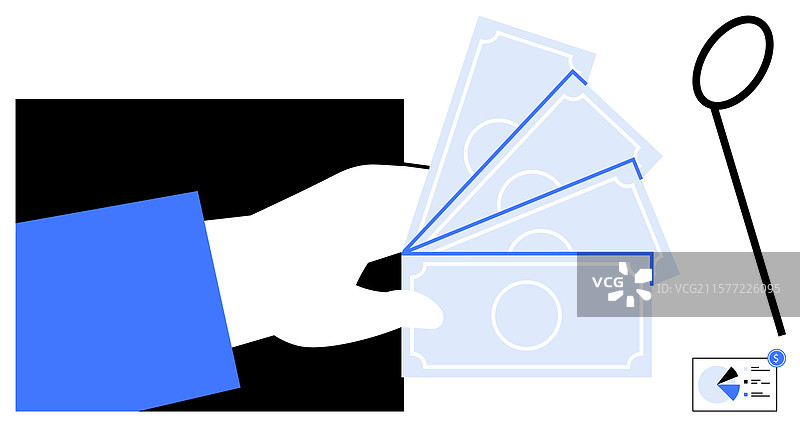手握钞票与放大镜分析图片素材
