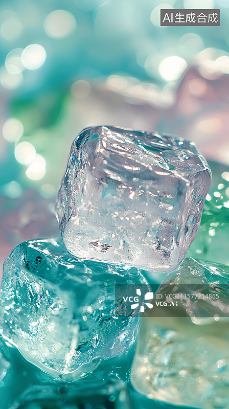 【AI数字艺术】夏日清新彩色冰块果汁冷饮竖版绿色背景图片素材