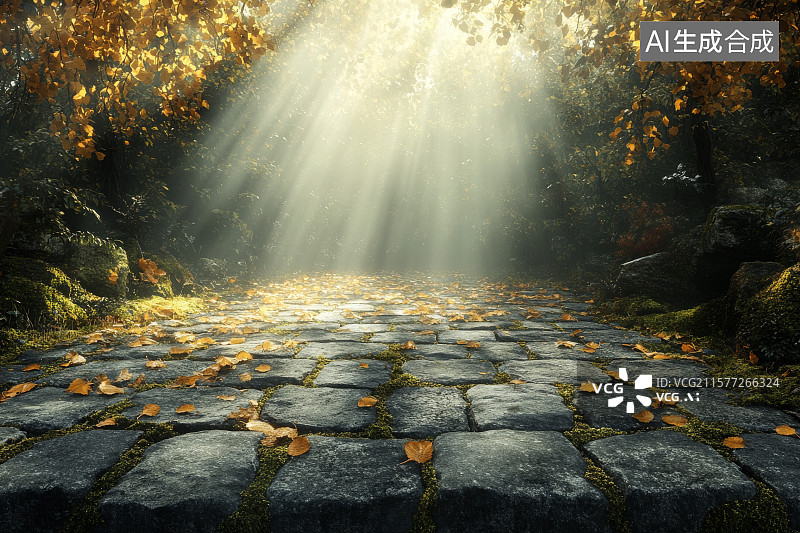 【AI数字艺术】阳光透过树林洒在石板路上图片素材