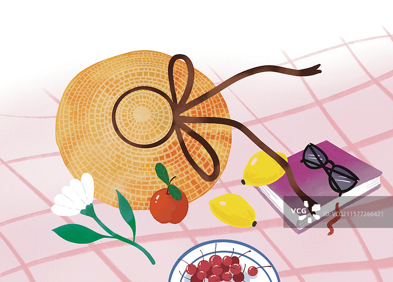 彩色卡通插画 夏季夏天 海边 休闲度假 生活 舒适 暑假 美食美味 海景 野餐 户外 时尚 清新 治图片素材