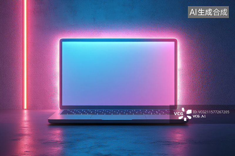 【AI数字艺术】霓虹灯下的笔记本电脑图片素材