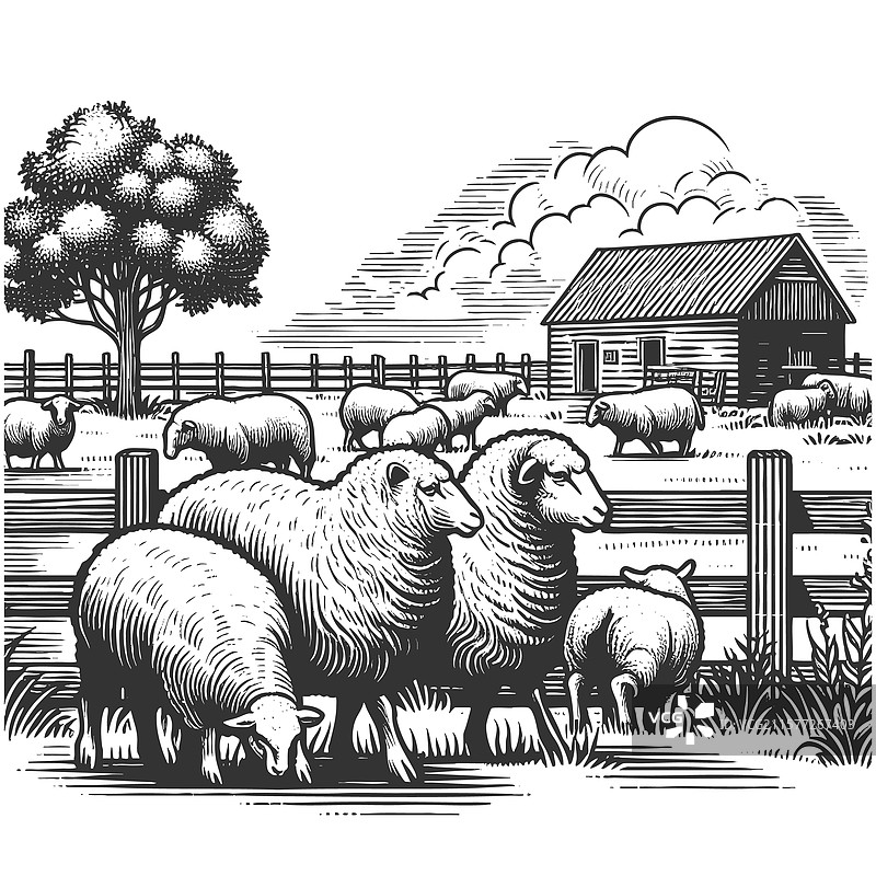 一群羊在乡村农场的栅栏后面图片素材