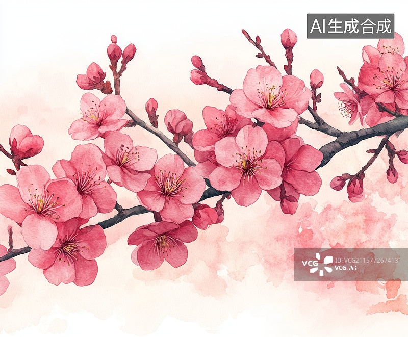 【AI数字艺术】水彩画中的粉色樱花图片素材