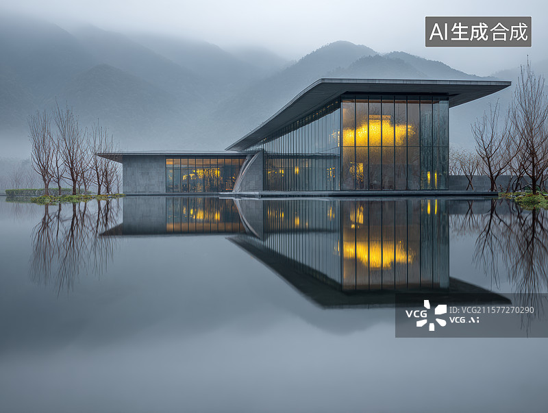 【AI数字艺术】雾境山水间的镜面现代建筑图片素材