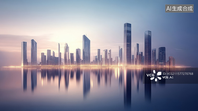 【AI数字艺术】城市天际线与水面倒影图片素材