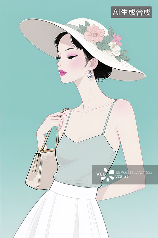 【AI数字艺术】戴花朵装饰宽檐帽的时尚女性图片素材