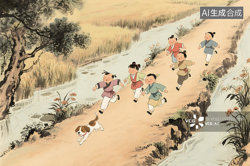 【AI数字艺术】复古儿童放学欢乐奔跑郊游插画图片素材
