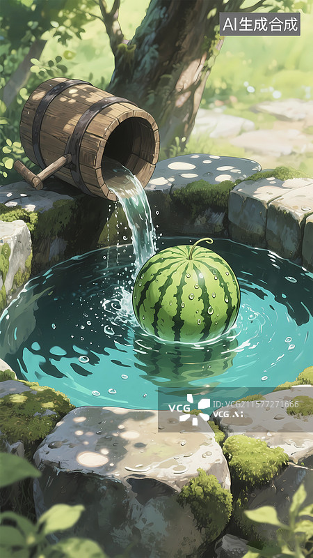 【AI数字艺术】清新怀旧井水西瓜清凉夏天节气插画图片素材