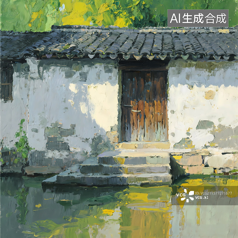 【AI数字艺术】江南水墨屋檐建筑白墙蔷薇花图片素材