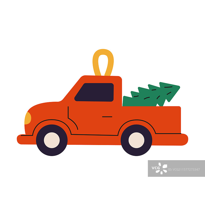 明亮的橙色卡车拖着一棵圣诞树图片素材