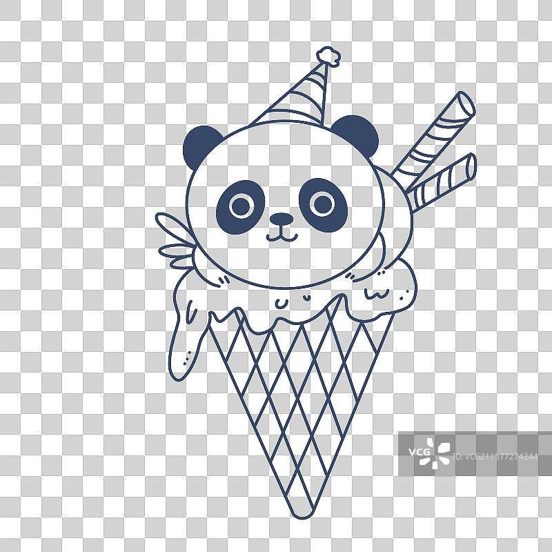 手绘线条动物熊猫冰淇淋线稿免抠元素图片素材