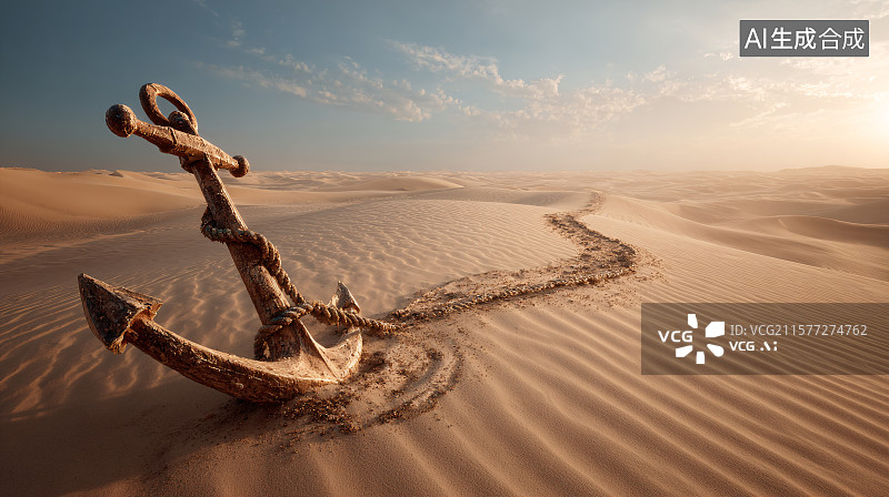 【AI数字艺术】沙漠中破旧的船锚图片素材