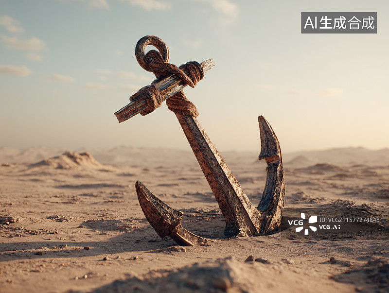 【AI数字艺术】沙漠中破旧的船锚图片素材