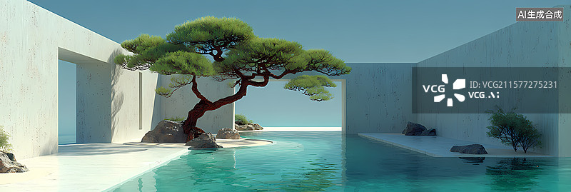 【AI数字艺术】庭院中的松树与水池图片素材