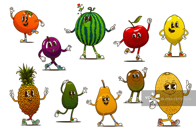 复古风格的卡通水果角色在跳舞图片素材