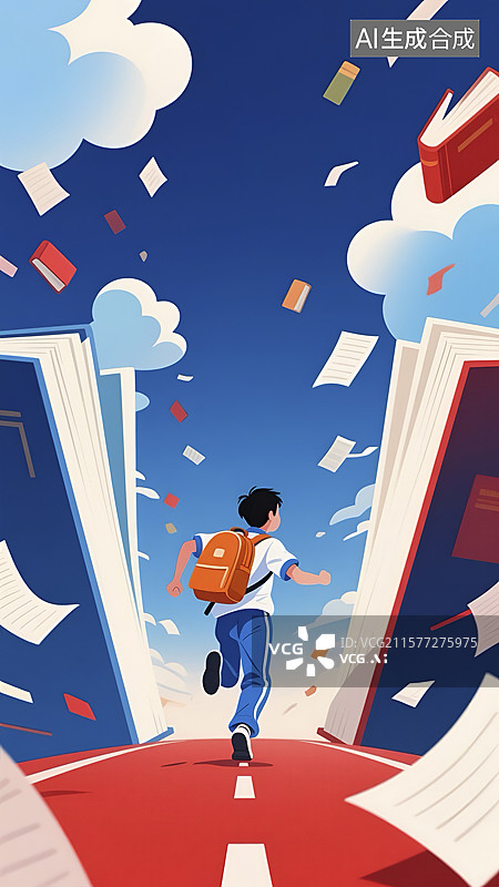 【AI数字艺术】男孩背着书包奔向书本之门插画图片素材
