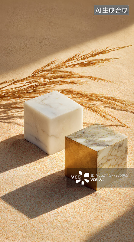 【AI数字艺术】白色金色立方体与干草图片素材