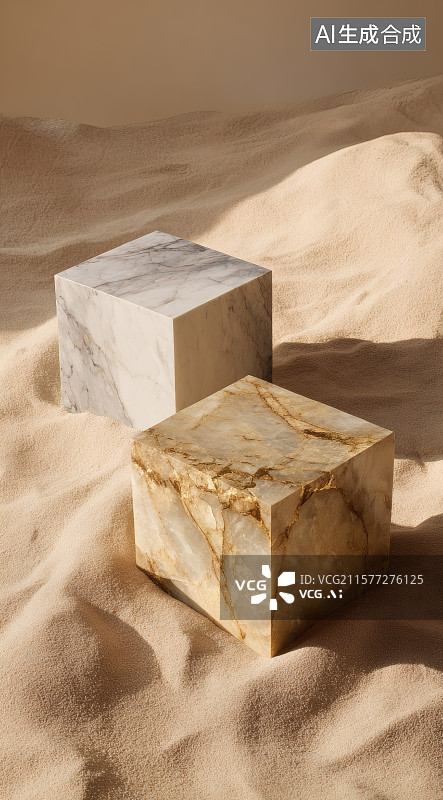 【AI数字艺术】沙中大理石立方体图片素材