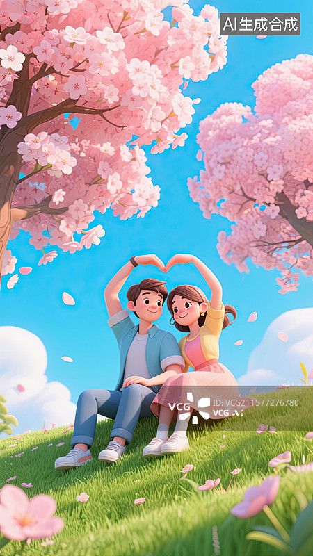 【AI数字艺术】3D情侣，樱花树，比心，情人节，爱情插画图片素材