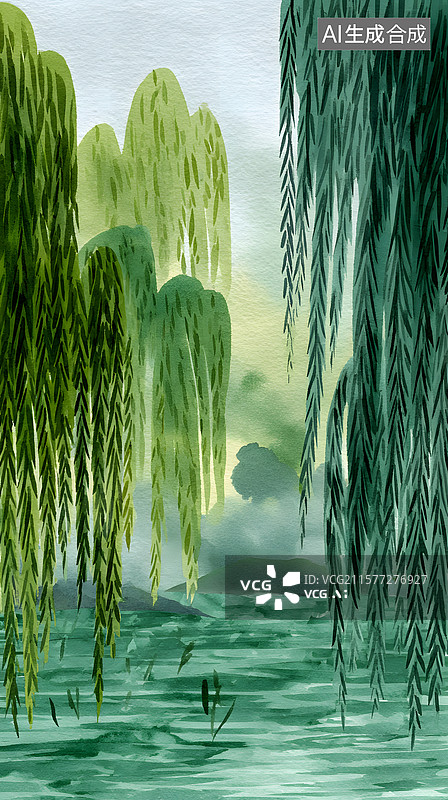 【AI数字艺术】水彩河边柳树图片素材
