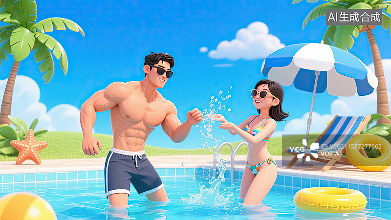 【AI数字艺术】3D，情侣，游泳池，泼水，运动图片素材