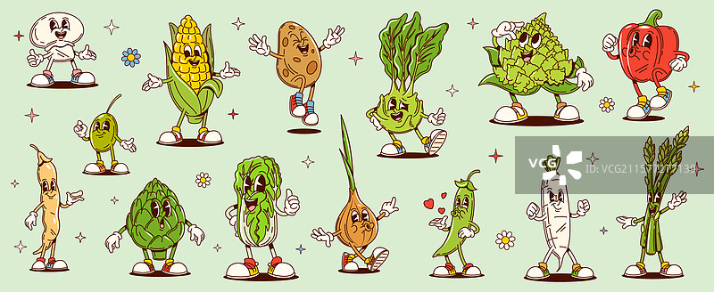 卡通风格的时髦蔬菜健康饮食角色图片素材