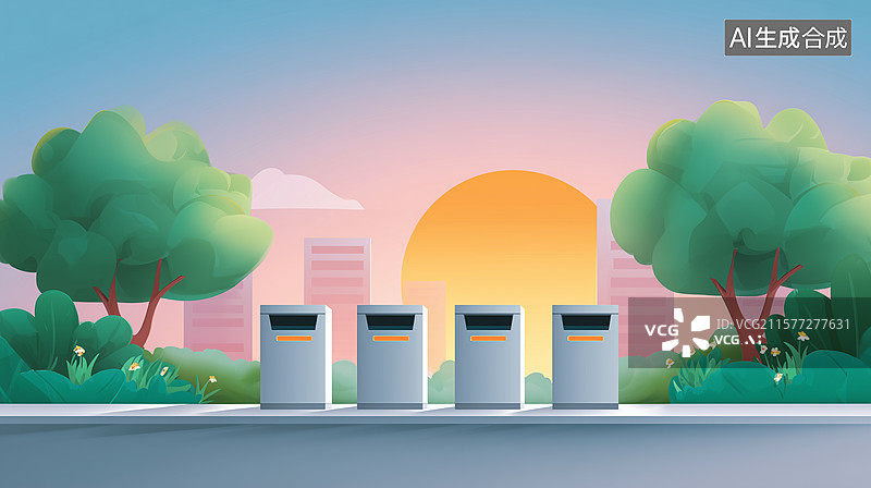 【AI数字艺术】城市公园充电桩插画图片素材