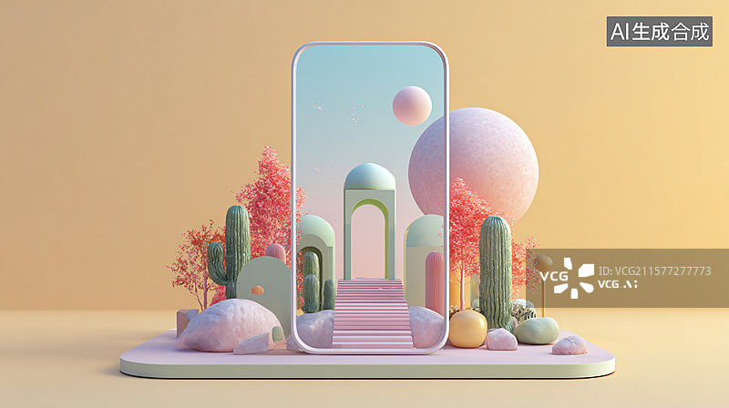 【AI数字艺术】手机前的卡通沙漠图片素材
