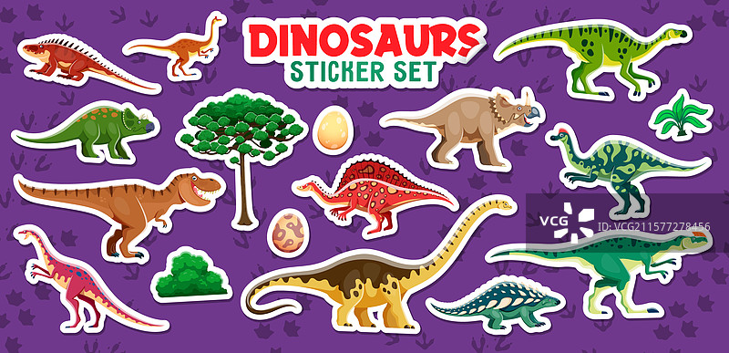 卡通恐龙、蛋和植物贴纸包图片素材