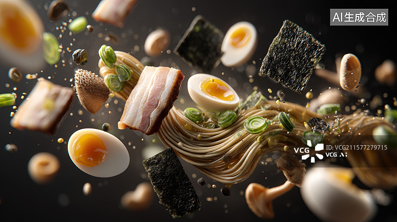 【AI数字艺术】空中飞舞的拉面食材图片素材