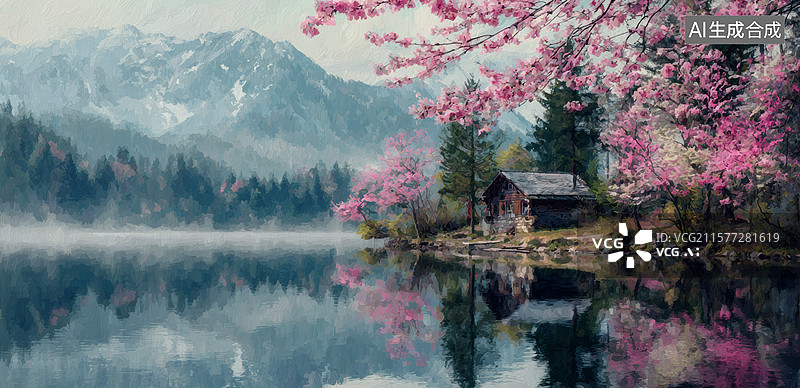 【AI数字艺术】湖畔春色映山景图片素材