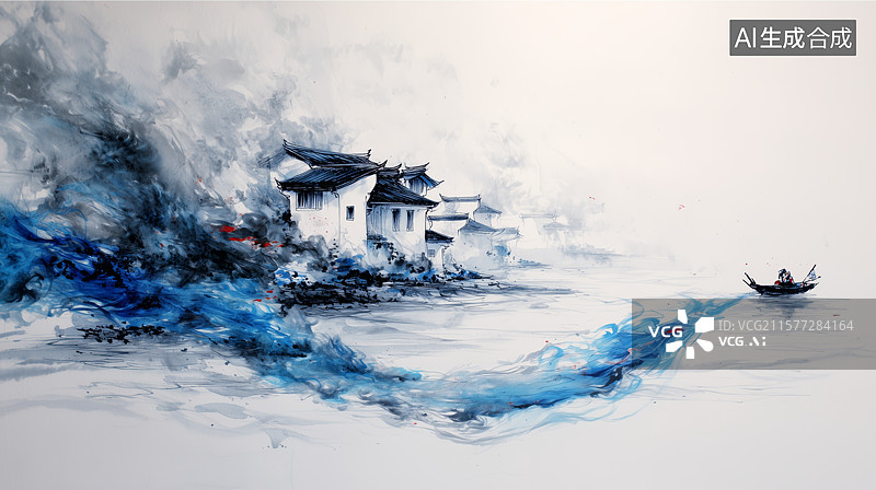 【AI数字艺术】水墨山水，孤舟远行图片素材