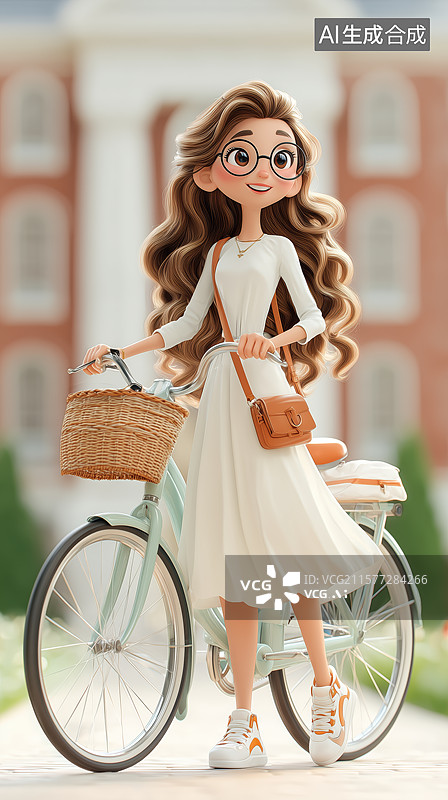 【AI数字艺术】骑自行车的女子，背景为古典建筑图片素材