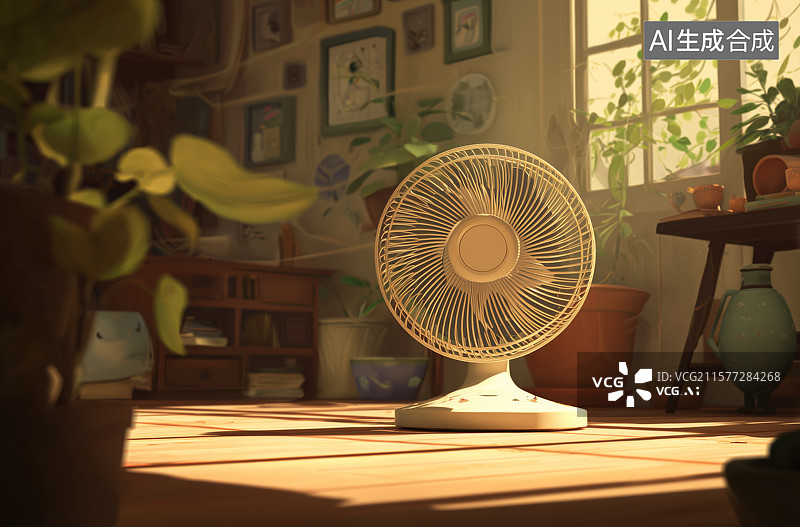 【AI数字艺术】阳光洒落的室内风扇静景图片素材