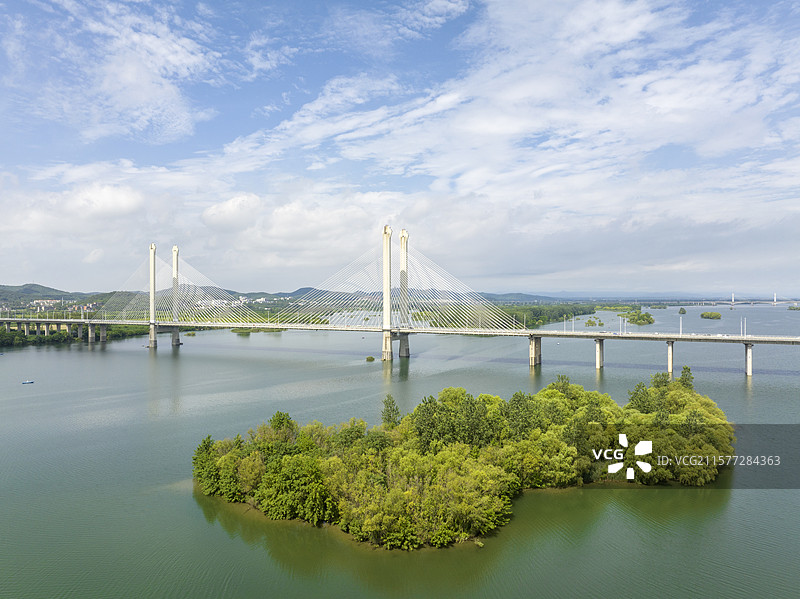 航拍襄阳汉江河流湿地卧龙大桥梁城市建筑风光自然风景图片素材