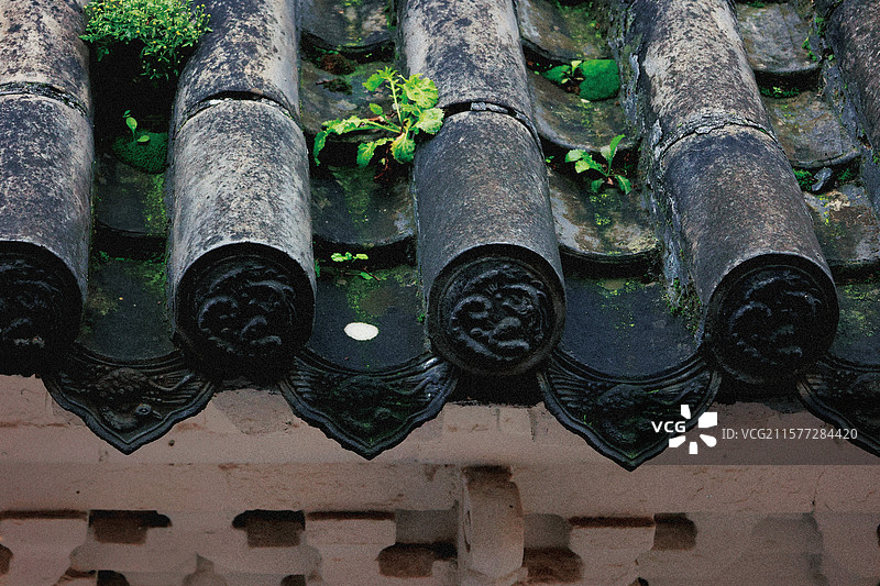 旧建筑瓦当的低角度视图图片素材