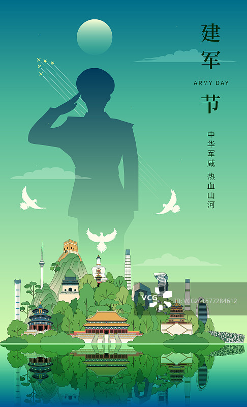 城市北京建军节矢量描边插画图片素材