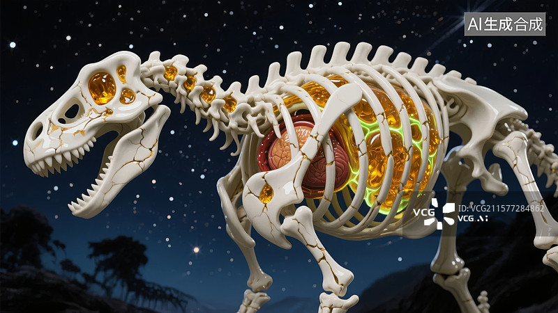 【AI数字艺术】发光骨骼的史前生物图片素材