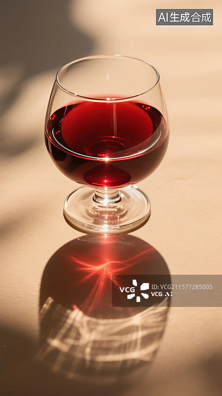 【AI数字艺术】酒杯中的红色液体与光影反射图片素材