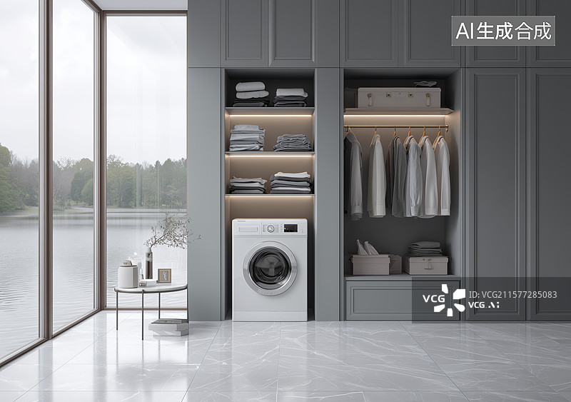【AI数字艺术】现代洗衣房设计，湖景背景图片素材