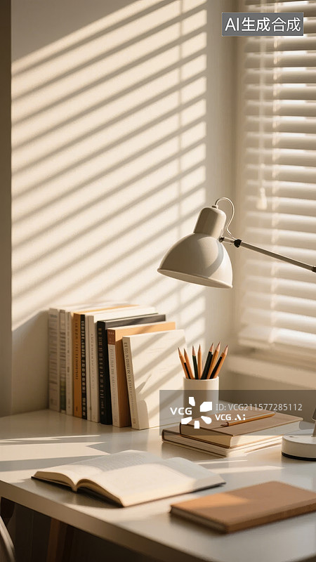 【AI数字艺术】阳光洒落的书桌一角图片素材