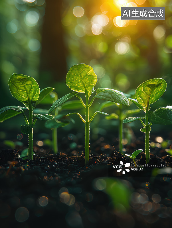 【AI数字艺术】阳光下植物幼苗生长发芽场景，植树节主题概念图片素材