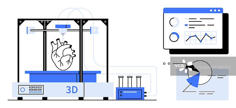 3D生物打印机正在创建人类心脏并进行分析图片素材